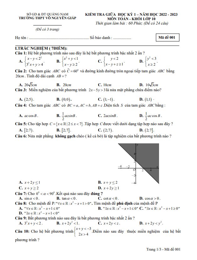 Đề kiểm tra GK1 Toán 10 năm 2022 – 2023 trường THPT Võ Nguyên Giáp – Quảng Nam