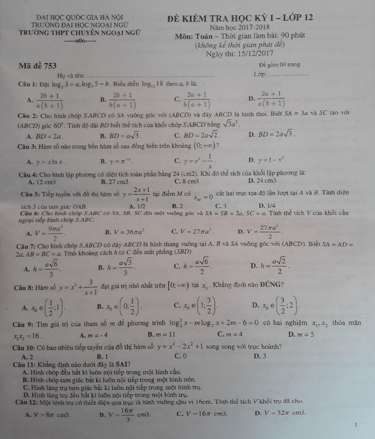Đề kiểm tra HK1 Toán 12 năm học 2017 – 2018 trường THPT chuyên Ngoại Ngữ – Hà Nội