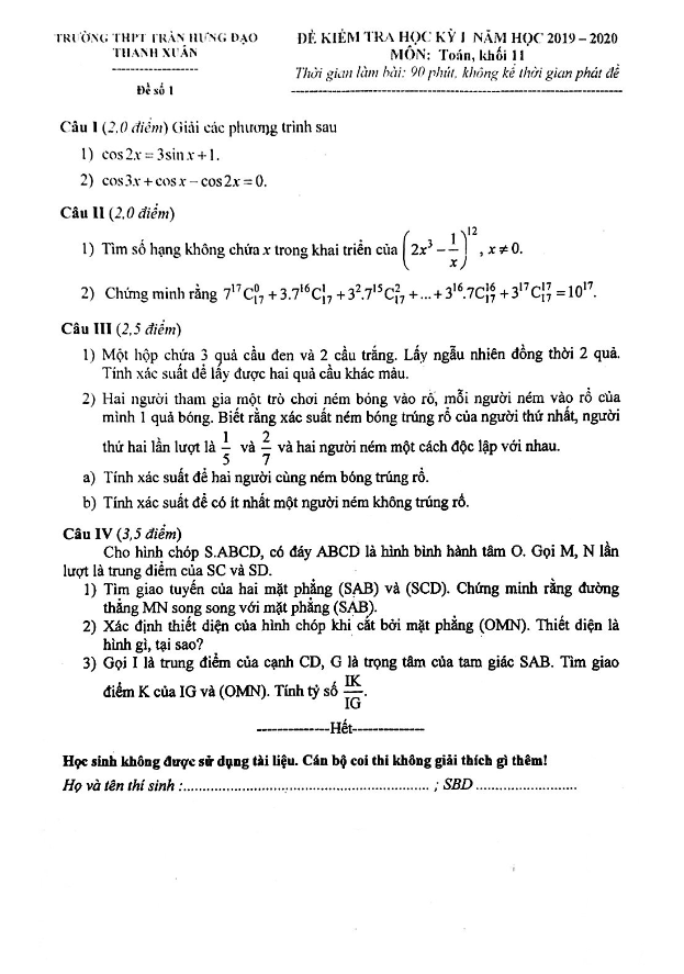 Đề kiểm tra HKI Toán 11 năm 2019 – 2020 trường Trần Hưng Đạo – Hà Nội