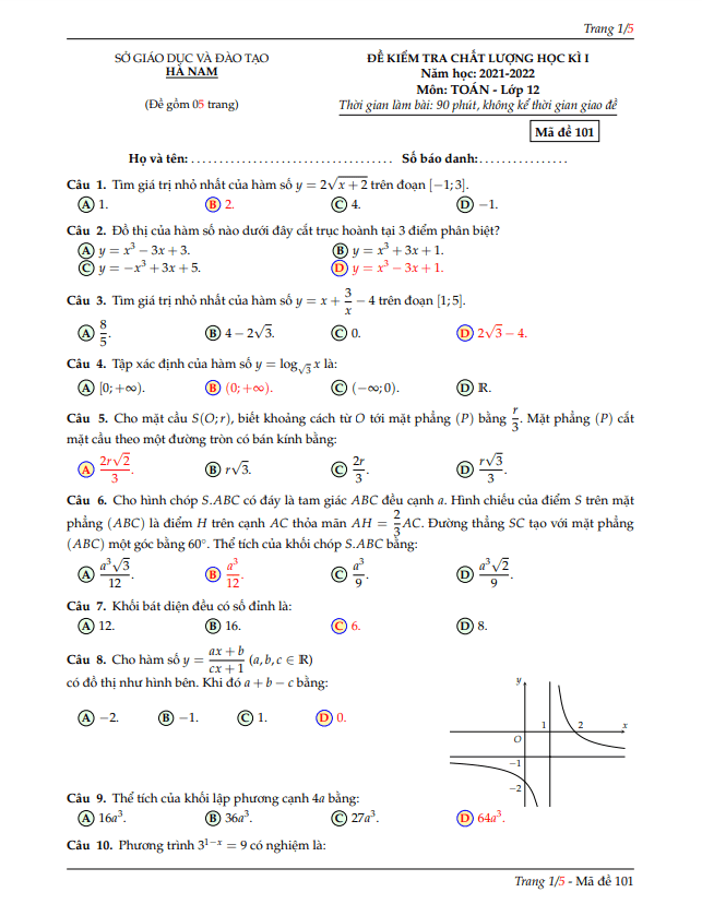 Đề kiểm tra học kì 1 Toán 12 năm 2021 – 2022 sở GD&ĐT Hà Nam