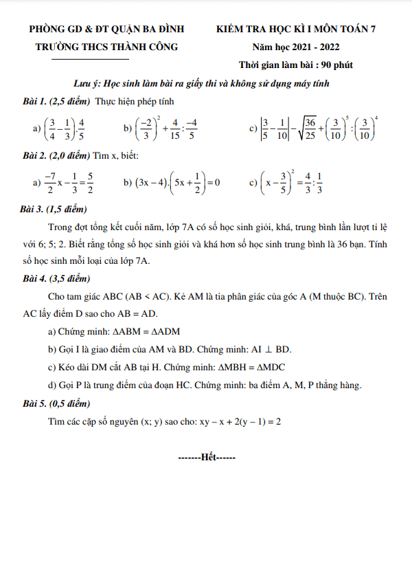 Đề kiểm tra học kì 1 Toán 7 năm 2021 – 2022 trường THCS Thành Công – Hà Nội
