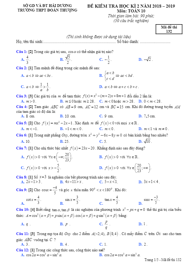 Đề kiểm tra học kì 2 Toán 10 năm 2018 – 2019 trường Đoàn Thượng – Hải Dương