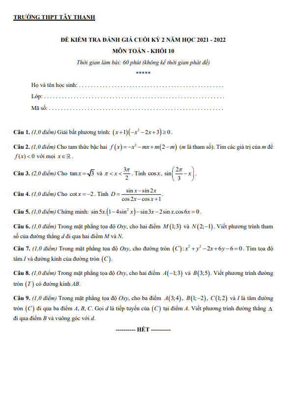 Đề kiểm tra học kì 2 Toán 10 năm 2021 – 2022 trường THPT Tây Thạnh – TP HCM
