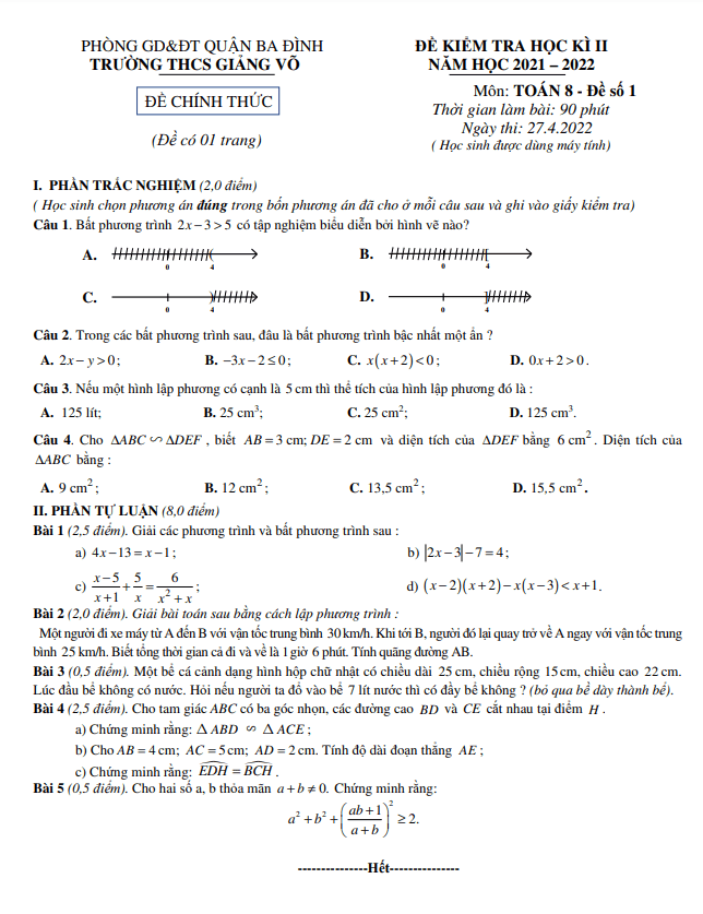 Đề kiểm tra học kì 2 Toán 8 năm 2021 – 2022 trường THCS Giảng Võ – Hà Nội
