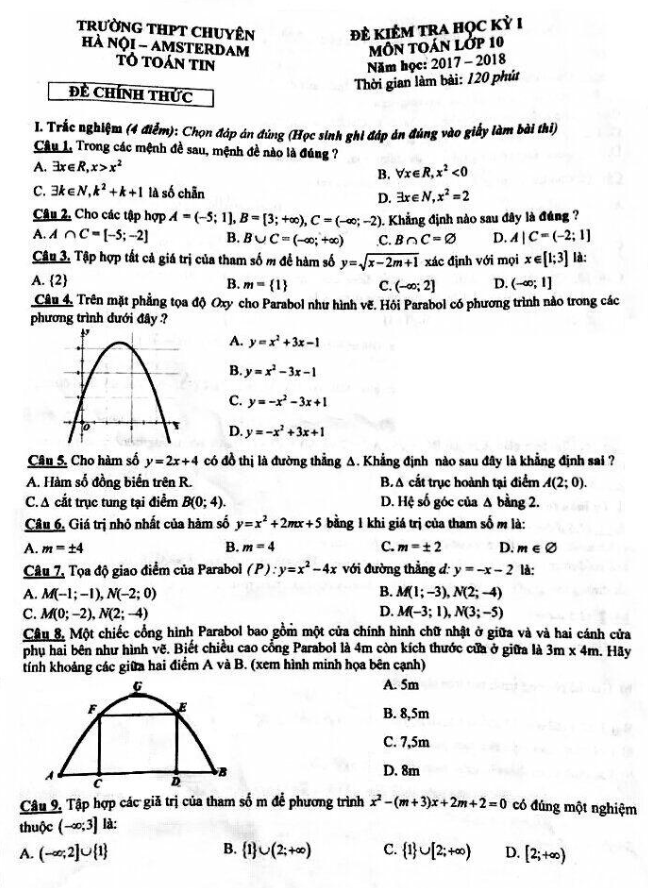 Đề kiểm tra học kỳ 1 Toán 10 năm học 2017 – 2018 trường THPT chuyên Hà Nội – Amsterdam