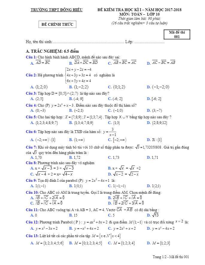 Đề kiểm tra học kỳ 1 Toán 10 năm học 2017 – 2018 trường THPT Đông Hiếu – Nghệ An