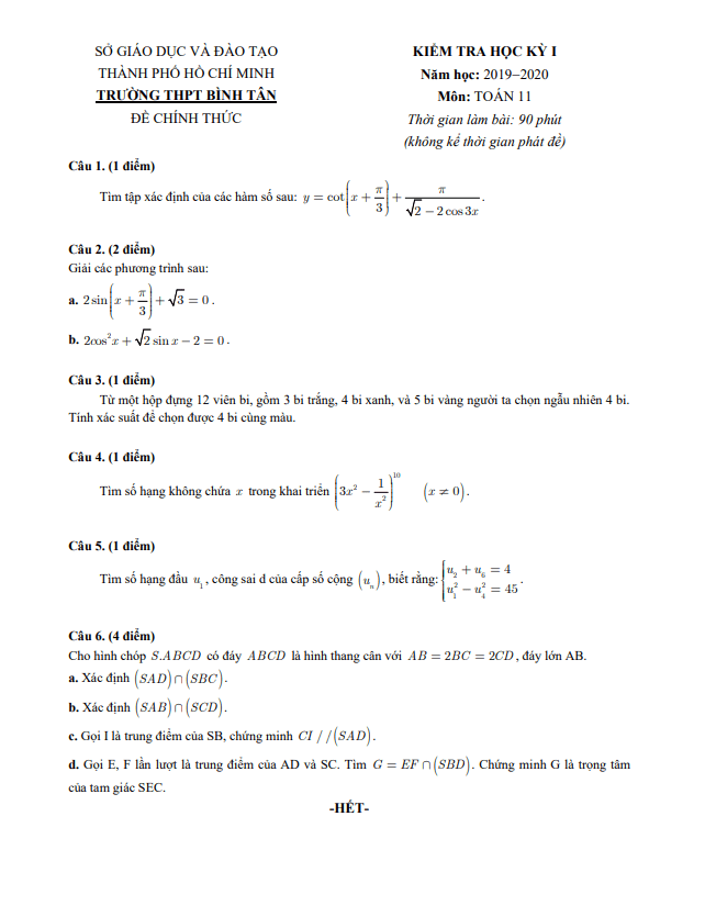 Đề kiểm tra học kỳ 1 Toán 11 năm 2019 – 2020 trường THPT Bình Tân – TP HCM
