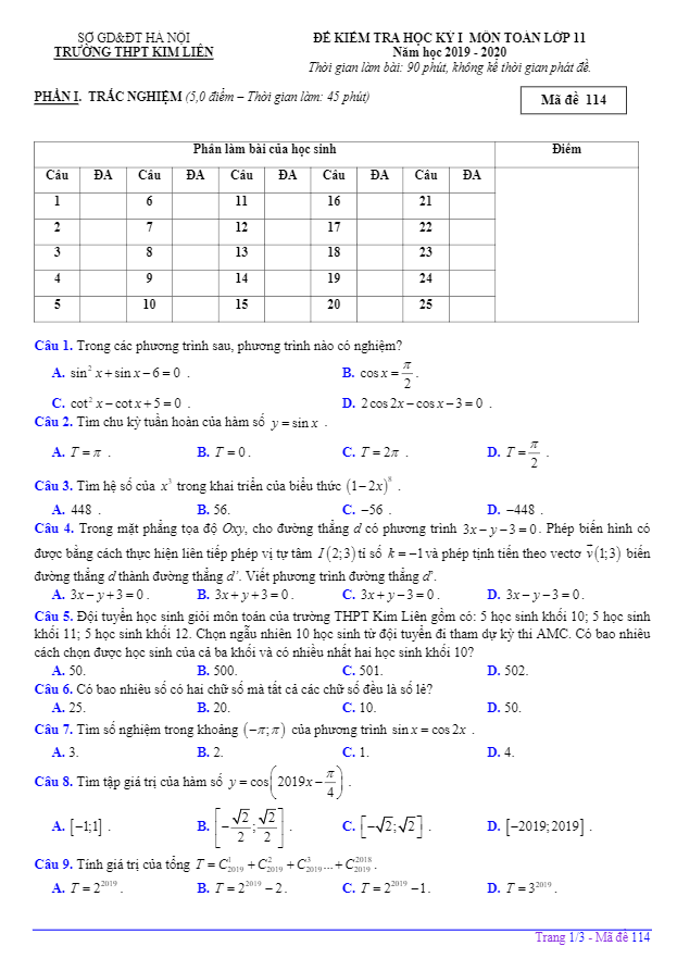 Đề kiểm tra học kỳ 1 Toán 11 năm 2019 – 2020 trường THPT Kim Liên – Hà Nội