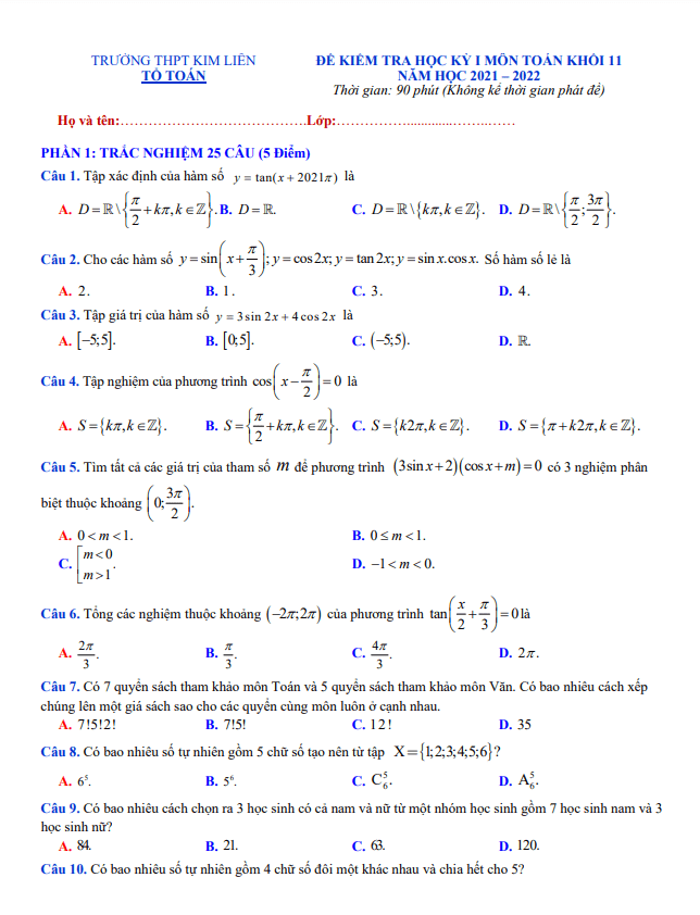 Đề kiểm tra học kỳ 1 Toán 11 năm 2021 – 2022 trường THPT Kim Liên – Hà Nội