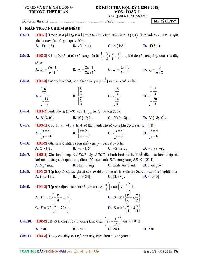 Đề kiểm tra học kỳ 1 Toán 11 năm học 2017 – 2018 trường THPT Dĩ An – Bình Dương