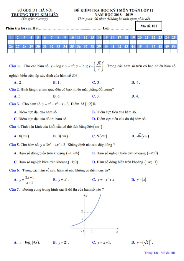 Đề kiểm tra học kỳ 1 Toán 12 năm 2018 – 2019 trường THPT Kim Liên – Hà Nội