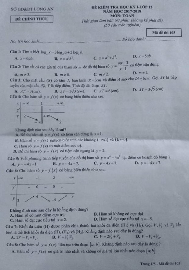 Đề kiểm tra học kỳ 1 Toán 12 năm học 2017 – 2018 sở GD và ĐT Long An