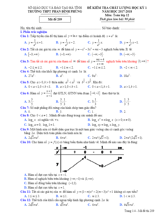 Đề kiểm tra học kỳ 1 Toán 12 năm học 2017 – 2018 trường THPT Phan Đình Phùng – Hà Tĩnh