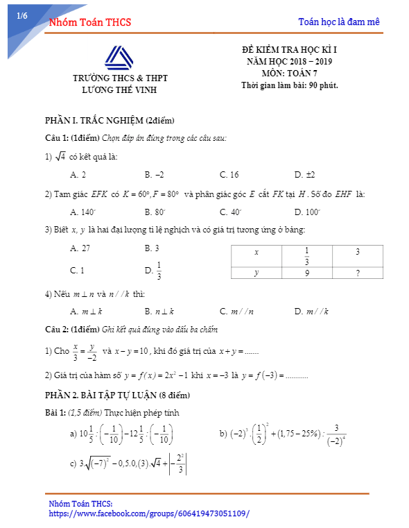 Đề kiểm tra học kỳ 1 Toán 7 năm học 2018 – 2019 trường Lương Thế Vinh – Hà Nội