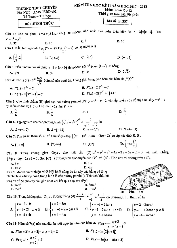 Đề kiểm tra học kỳ 2 Toán 12 năm 2017 – 2018 trường chuyên Hà Nội – Amsterdam