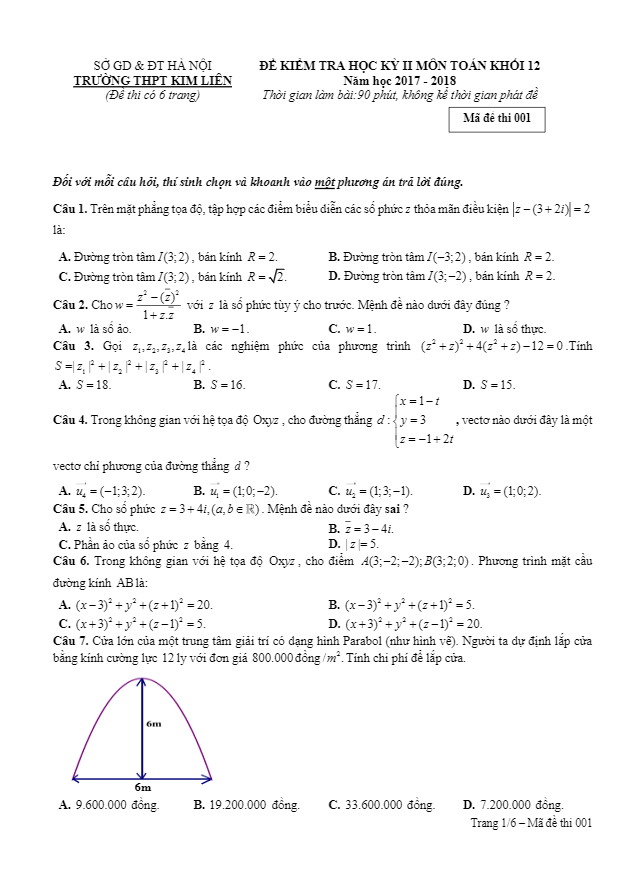Đề kiểm tra học kỳ 2 Toán 12 năm 2017 – 2018 trường THPT Kim Liên – Hà Nội