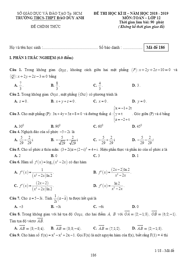 Đề kiểm tra học kỳ 2 Toán 12 năm 2018 – 2019 trường Đào Duy Anh – TP HCM