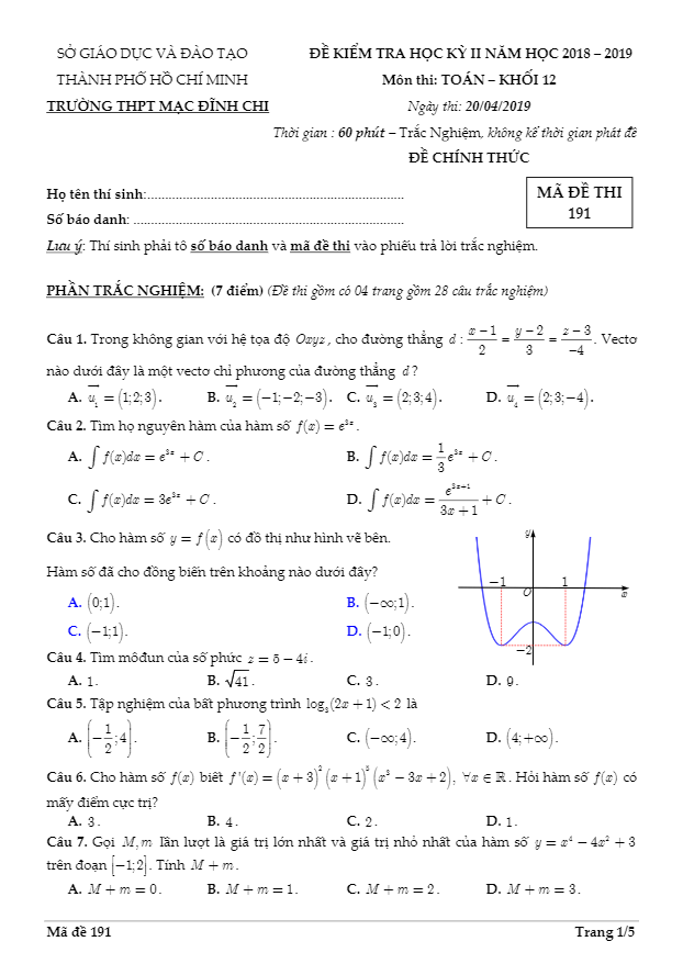 Đề kiểm tra học kỳ 2 Toán 12 năm 2018 – 2019 trường THPT Mạc Đĩnh Chi – TP HCM