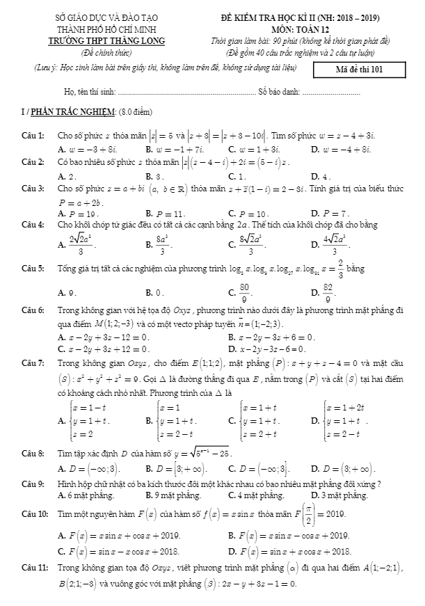 Đề kiểm tra học kỳ 2 Toán 12 năm 2018 – 2019 trường THPT Thăng Long – TP HCM