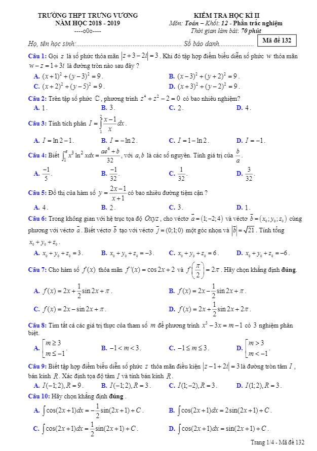 Đề kiểm tra học kỳ 2 Toán 12 năm 2018 – 2019 trường THPT Trưng Vương – TP HCM