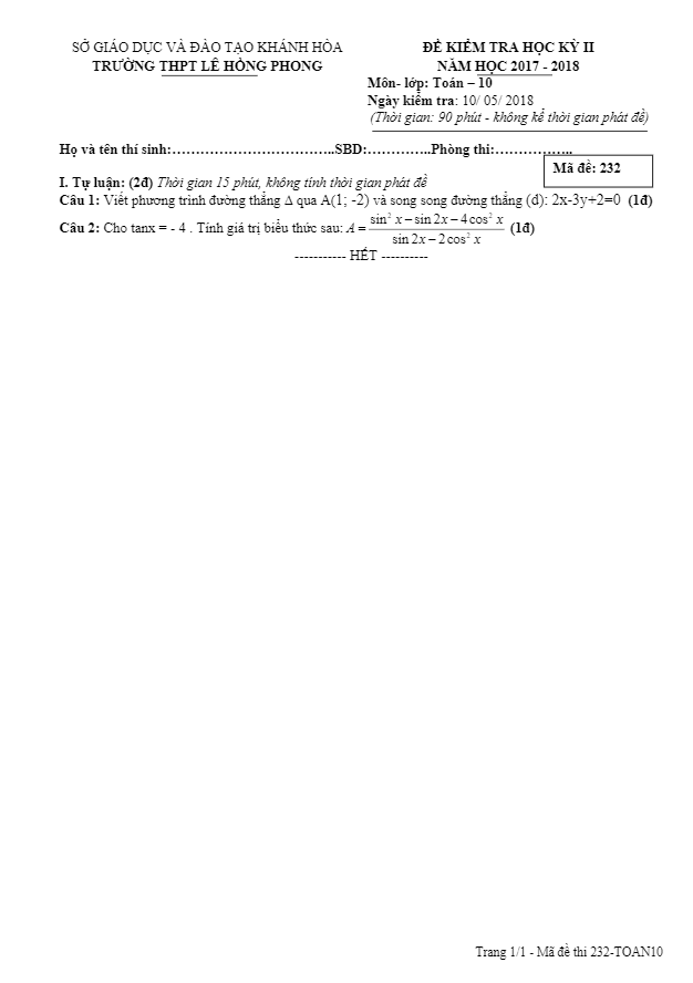 Đề kiểm tra học kỳ II Toán 10 năm 2017 – 2018 trường THPT Lê Hồng Phong – Khánh Hòa