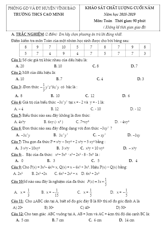 Đề KSCL cuối năm Toán 7 năm 2018 – 2019 trường THCS Cao Minh – Hải Phòng