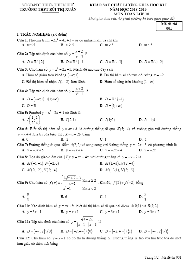 Đề KSCL giữa HK1 Toán 10 năm 2018 – 2019 trường THPT Bùi Thị Xuân – TT. Huế