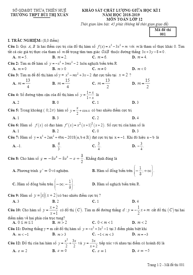 Đề KSCL giữa HK1 Toán 12 năm 2018 – 2019 trường THPT Bùi Thị Xuân – TT. Huế