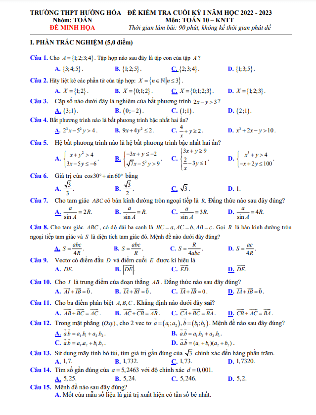 Đề minh họa cuối kỳ 1 Toán 10 (KNTTVCS) năm 2022 – 2023 THPT Hướng Hóa – Quảng Trị