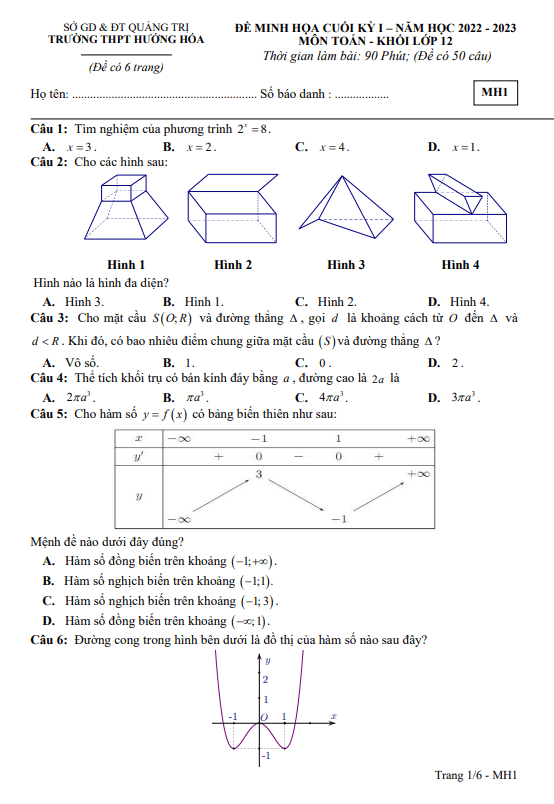Đề minh họa cuối kỳ 1 Toán 12 năm 2022 – 2023 trường THPT Hướng Hóa – Quảng Trị