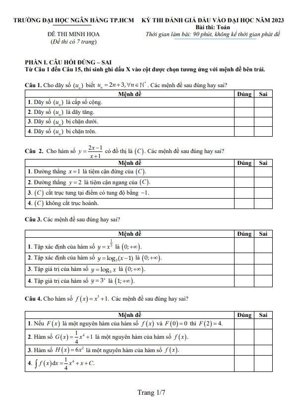 Đề minh họa đánh giá đầu vào Đại học 2023 môn Toán trường ĐH Ngân Hàng TP HCM