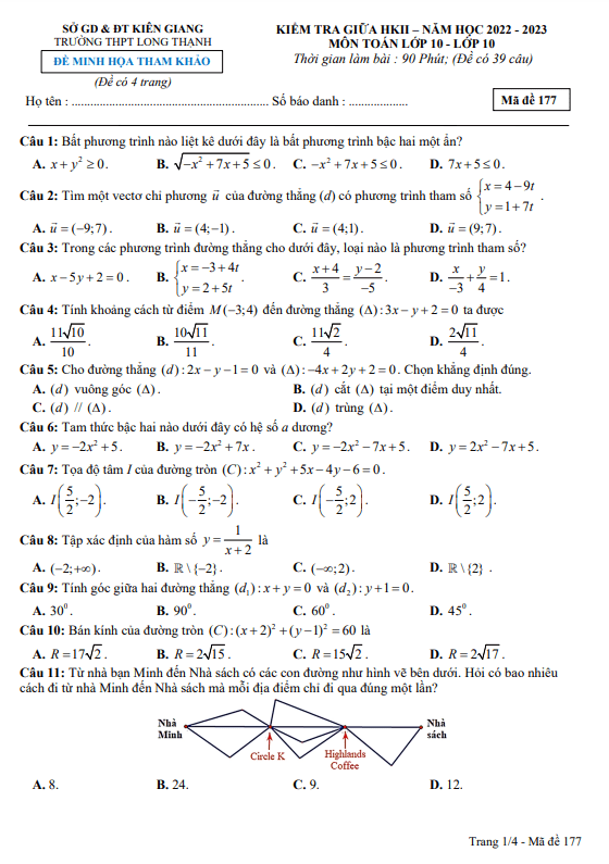 Đề minh họa giữa HK2 Toán 10 năm 2022 – 2023 trường THPT Long Thạnh – Kiên Giang