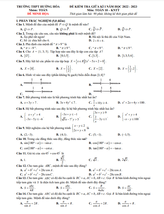 Đề minh họa giữa kì 1 Toán 10 năm 2022 – 2023 trường THPT Hướng Hóa – Quảng Trị