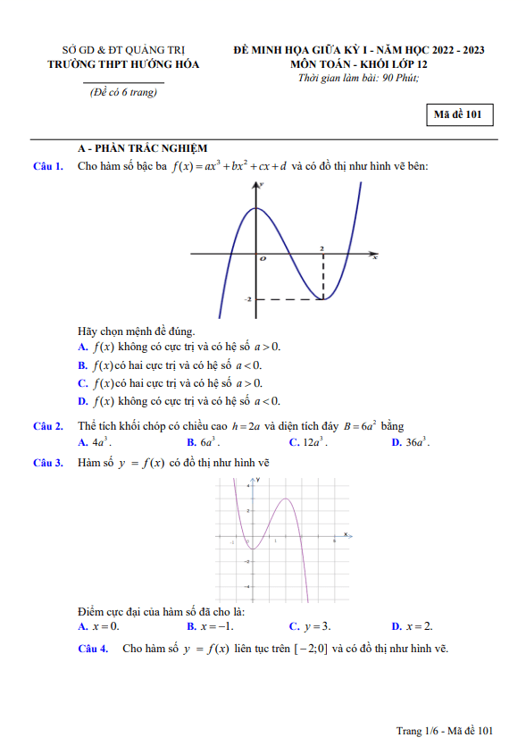 Đề minh họa giữa kì 1 Toán 12 năm 2022 – 2023 trường THPT Hướng Hóa – Quảng Trị
