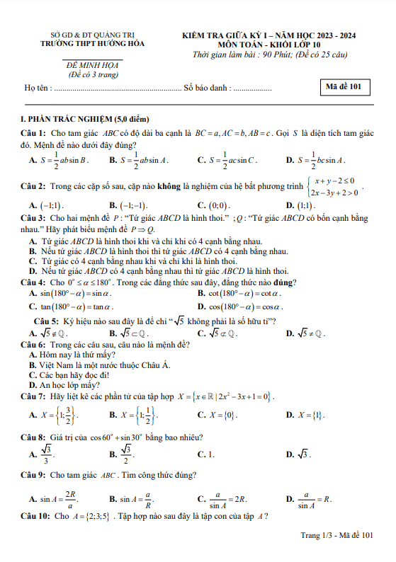Đề minh họa giữa kỳ 1 Toán 10 năm 2023 – 2024 trường THPT Hướng Hóa – Quảng Trị