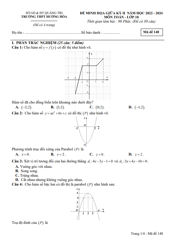 Đề minh họa giữa kỳ 2 Toán 10 năm 2023 – 2024 trường THPT Hướng Hóa – Quảng Trị