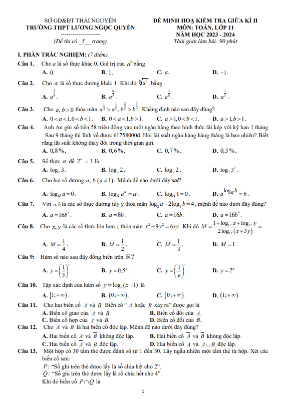 Đề minh họa GK2 Toán 11 năm 2023 – 2024 trường Lương Ngọc Quyến – Thái Nguyên