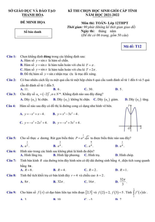 Đề minh họa thi HSG tỉnh Toán 12 năm 2021 – 2022 sở GD&ĐT Thanh Hóa