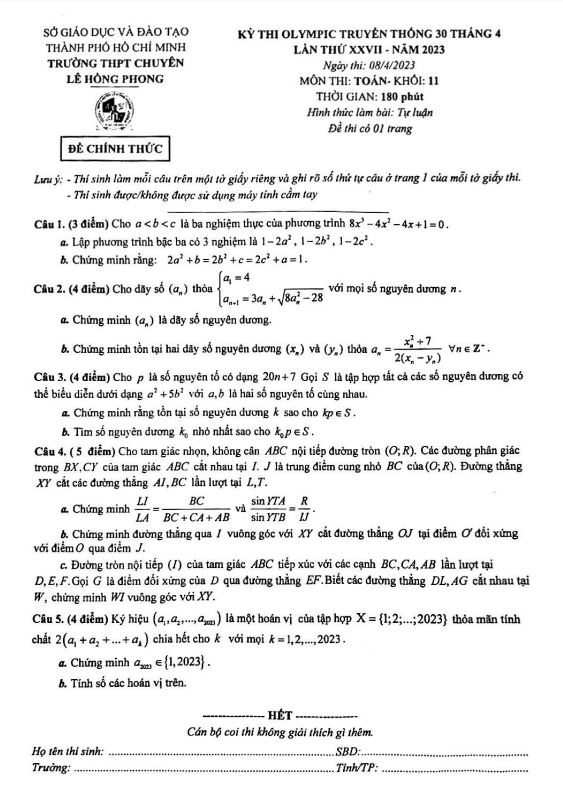 Đề Olympic 30 tháng 4 Toán 11 năm 2023 trường chuyên Lê Hồng Phong – TP HCM