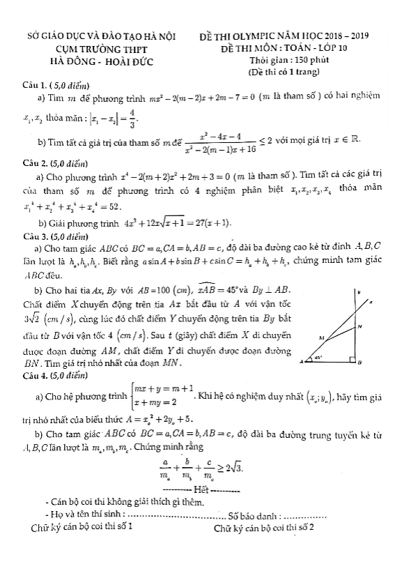 Đề Olympic Toán 10 năm 2019 cụm trường THPT Hà Đông – Hoài Đức – Hà Nội