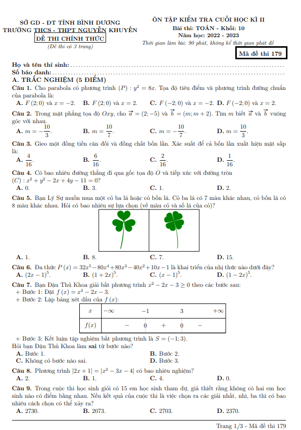 Đề ôn tập cuối kì 2 Toán 10 năm 2022 – 2023 trường Nguyễn Khuyến – Bình Dương