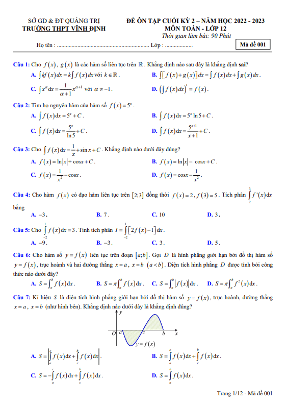 Đề ôn tập cuối kỳ 2 Toán 12 năm 2022 – 2023 trường THPT Vĩnh Định – Quảng Trị