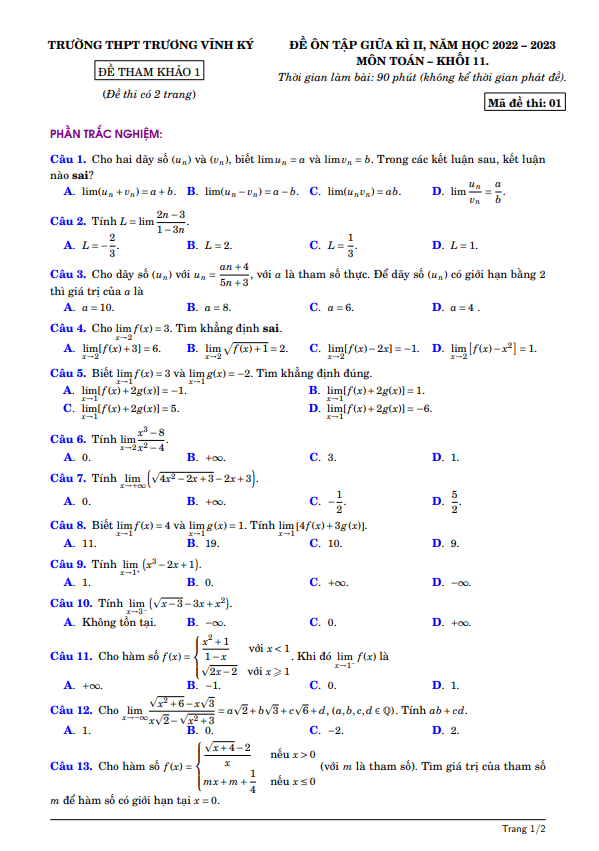 Đề ôn tập giữa kì 2 Toán 11 năm 2022 – 2023 trường THPT Trương Vĩnh Ký – Bến Tre