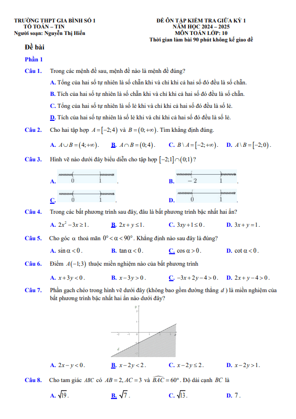 Đề ôn tập giữa kỳ 1 Toán 10 năm 2024 – 2025 trường THPT Gia Bình 1 – Bắc Ninh