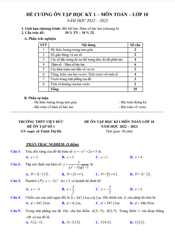 Đề ôn tập học kì 1 Toán 10 năm 2022 – 2023 trường THPT Việt Đức – Hà Nội