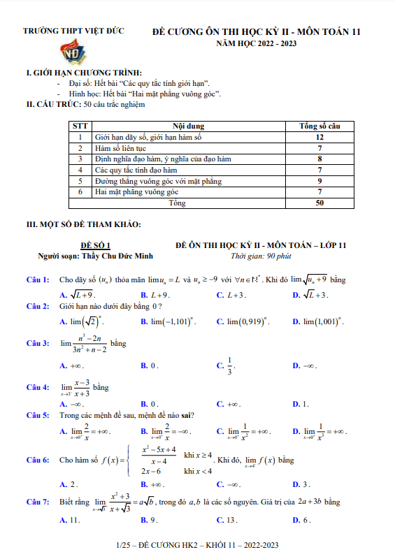 Đề ôn tập học kì 2 Toán 11 năm 2022 – 2023 trường THPT Việt Đức – Hà Nội