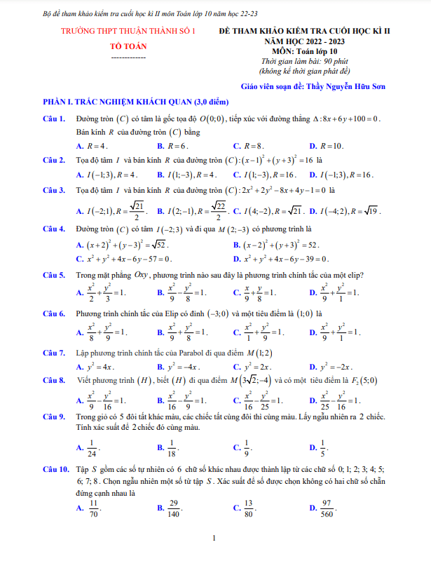 Đề tham khảo cuối kì 2 Toán 10 năm 2022 – 2023 THPT Thuận Thành 1 – Bắc Ninh
