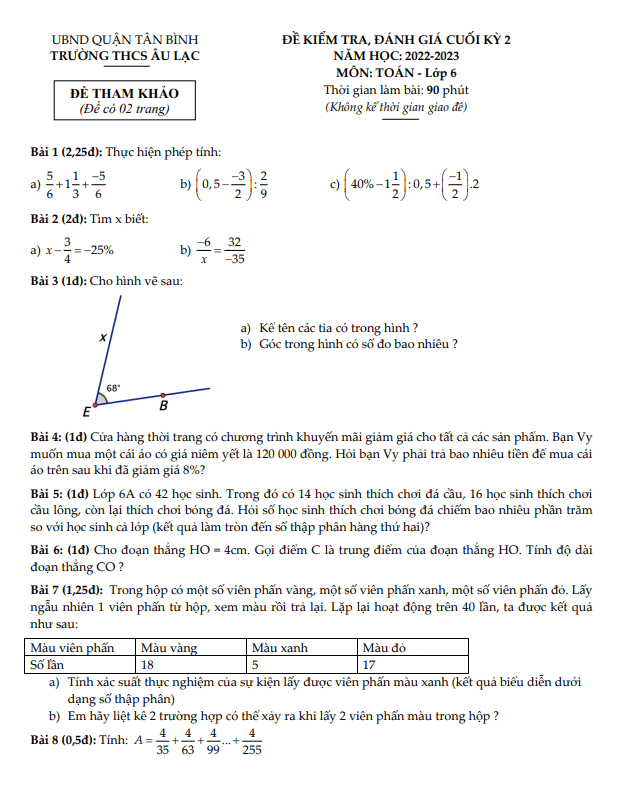 Đề tham khảo cuối kì 2 Toán 6 năm 2022 – 2023 trường THCS Âu Lạc – TP HCM