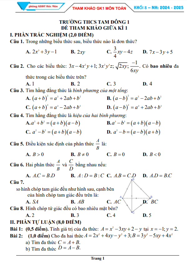Đề tham khảo giữa kì 1 Toán 8 năm 2024 – 2025 phòng GD&ĐT Hóc Môn – TP HCM