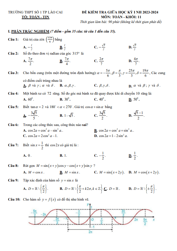 Đề tham khảo giữa kỳ 1 Toán 11 KNTTVCS năm 2023 – 2024 THPT số 1 TP Lào Cai